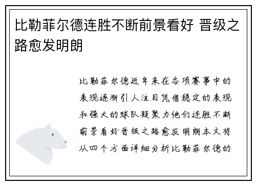 比勒菲尔德连胜不断前景看好 晋级之路愈发明朗